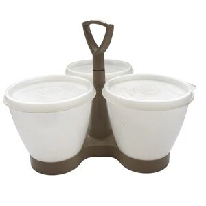 Complete Vintage Tupperware Condiment Caddy Set 3 Bowls w/lids + Caddy Almond